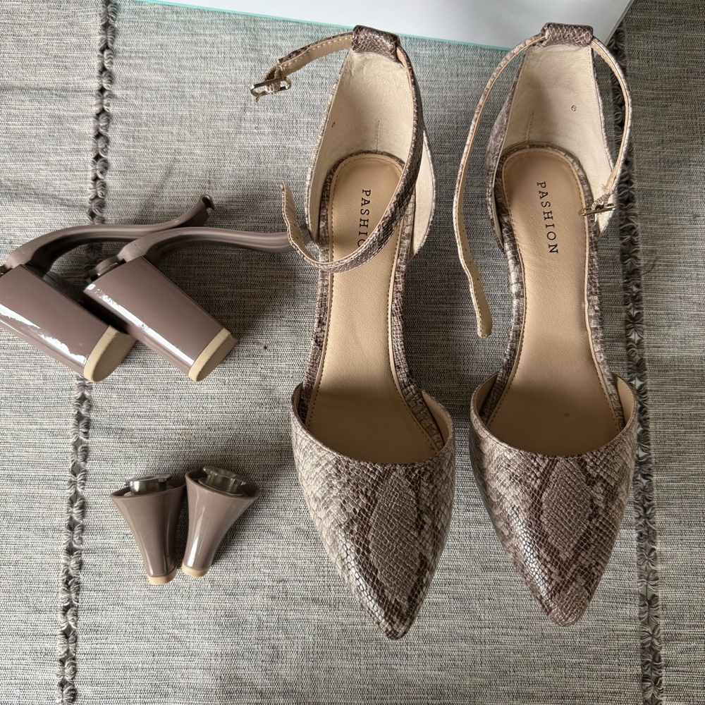 Pashion Footwear neutral snake print convertible pointed toe heels